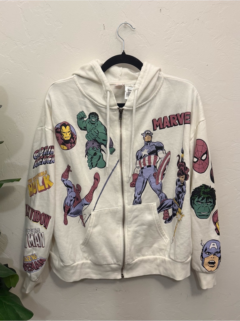 Marvel Comics White Zip Hoodie Jacket Women’s Medium All Over Print Graphic
